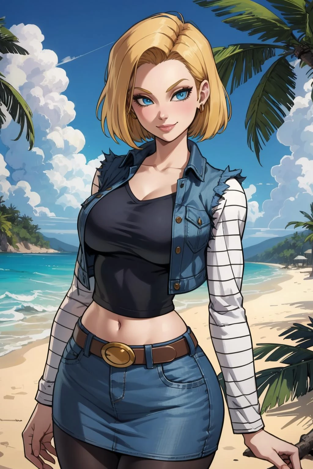 1girl, (solo:1.2), (standing:1.3), (interacting:1.3), (cowboy shot:1.5), (curvy:1.2), smile, happy, at ease, (masterpiece:1.3), (best quality:1.3), (perfect anatomy:1.4), highly detailed, (tropical beach:1.3), palm trees, azure blue water, daylight, summer,, android18, earrings, denim, belt, blonde hair, blue eyes, short hair, jewelry, (denim vest:1.2), open vest, black pantyhose, black shirt, denim skirt, (white striped long sleeves), blue skirt, large breasts, semi-realistic artstyle, vibrant, soft shading, expressive