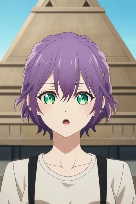 a woman with purple hair and green eyes standing in front of a pyramid