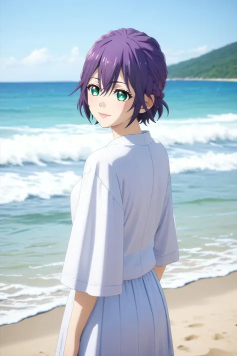 anime girl with purple hair and green eyes standing on the beach