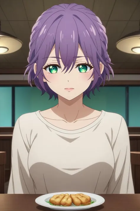 score_9, score_8_up, score_7_up, source_anime, rating_safe, intricate details, anime screencap, , official style, , , 1girl, solo, <lora:hiro_segawa_pony:0.88>, hiro_segawa, purple hair, green eyes, short hair, bangs, hair between eyes, braid, asymmetrical, restaurant, midnight, arms at sides, distracted, aloof, oblivious, , <lora:sdxl_lightning_8step_lora:1>