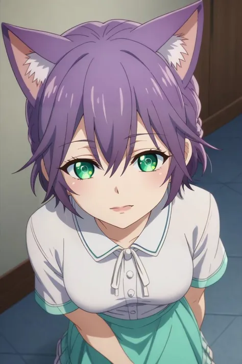 anime girl with purple hair and green eyes in a room