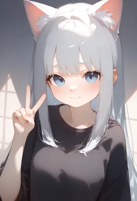 anime girl with cat ears and blue eyes making a peace sign