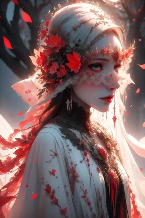 <lora:redice-concept-richy-v1_1:1>, redice, red theme, Strong female, green eyes, short silver hair, white robe, fov, f/1.8, masterpiece, (veil, mouth veil), blood moon, night, flower petals flying, front portrait shot, side light, moonlight shining on people, 8K, red glacier,