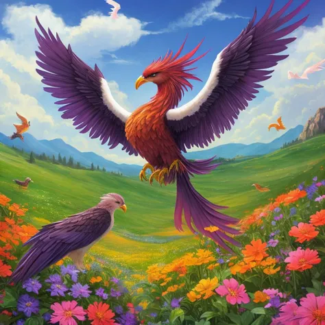 eldritch, sweet, fledgling phoenixes, singing sweet, melodic tunes, with a flower field in the background