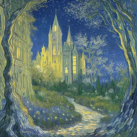 mithril rococo castle, crystal machicolations, phoenix, wraith, a moonlit path through a dark forest, vincent van gogh