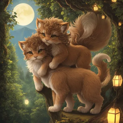 illustrious, delightful, little manticore cubs with fluffy manes and playful paws, enchanting, small will-o'-the-wisps flickerin...