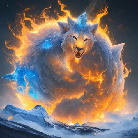 celestial, enchanting, chimera, bursting into gentle, warm flames, with a glacier