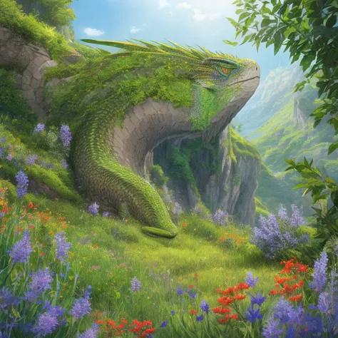 Create a magnificent, ultra-detailed illustration, mystical, basilisk, a lush, green meadow filled with wildflowers