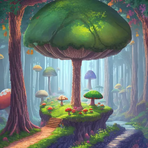 pixel art, giant mushroom forest, neutral light