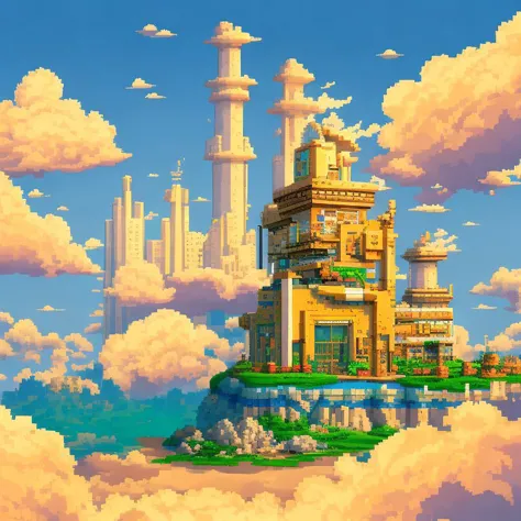 pixel art, cloud buildings, bright sun, graphic light, high key