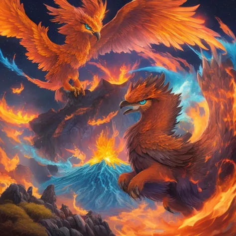 sorcerous, Lovable, phoenixes, with tufts of fur and playful demeanors, with a volcano