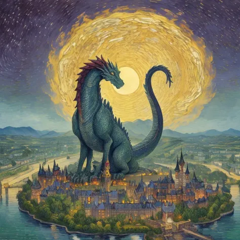 dragon bone rococo castle, mithril gatehouses, griffin, a panoramic view of a sprawling metropolis, vincent van gogh