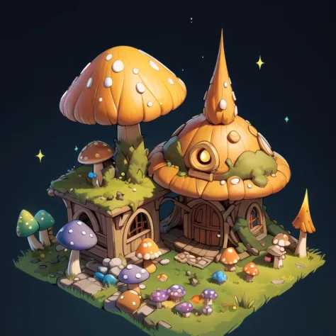 ((masterpiece,best quality)), absurdres,
 <lora:Stylized_Setting_Mushrooms:1>, Isometric_Setting, Mushroom_Girl, mushrooms, 
Mushroom house, magic, glowing,