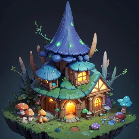 ((masterpiece,best quality)), absurdres,
 Isometric_Setting, Mushroom_Girl, mushrooms, 
Mushroom house, magic, glowing,