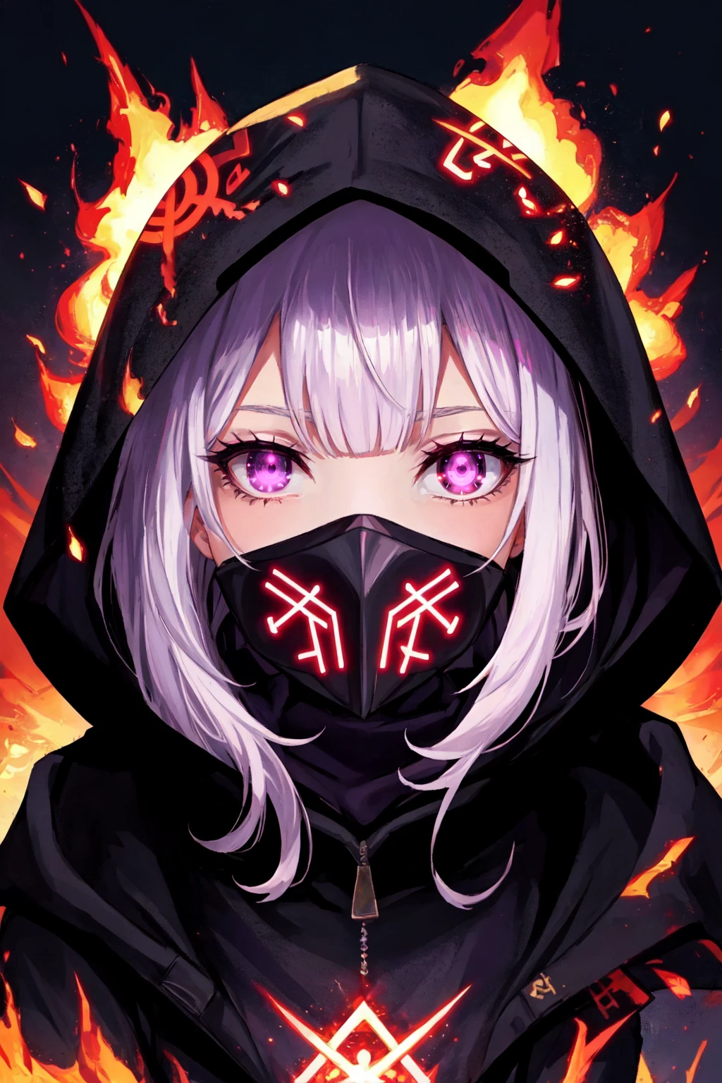 1girl, bangs, glowing eyes, runes, embers, sparks , gloves, glowing, hood, hood up, looking at viewer, mask, mouth mask, pink eyes, portrait, purple eyes, solo, white hair, masterpiece, official art