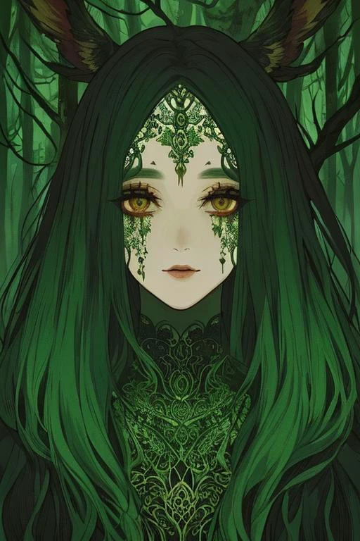 امرأة في غابة أسطورية, تحفة, وجه مثالي, تفاصيل معقدة, موضوع الرعب
