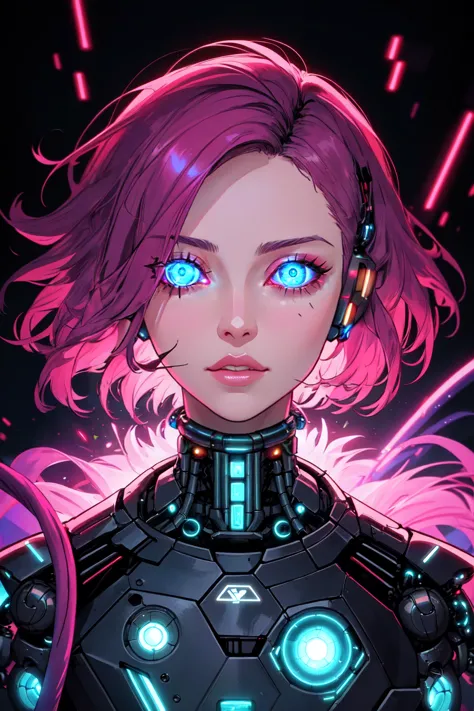 a woman with pink hair and blue eyes in a futuristic suit