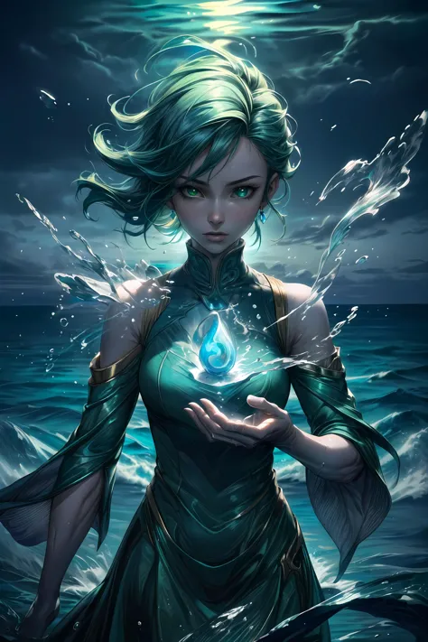 a woman with green hair holding a crystal ball in her hands