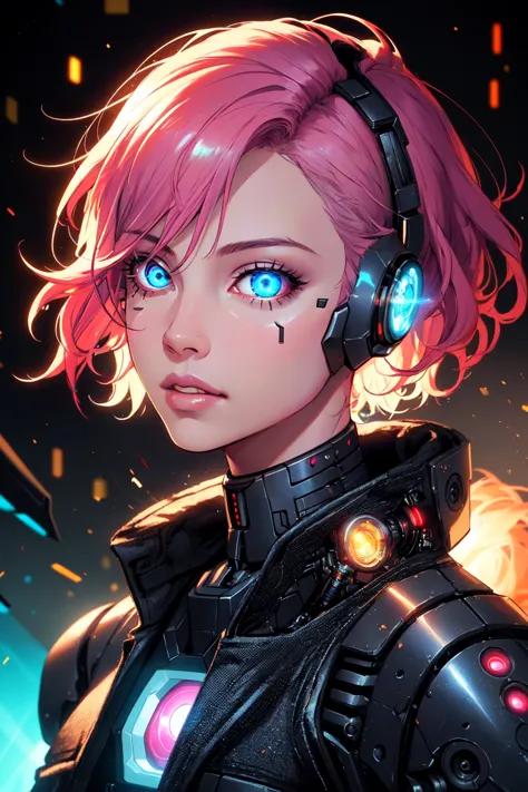 a woman with pink hair and headphones in a futuristic space setting