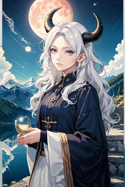 1girl, border, grey eyes, holding, horns, long hair, long sleeves, looking at viewer, moon, planet, solo, star (sky), upper body...