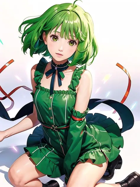 anime girl with green hair sitting on the ground with a kite