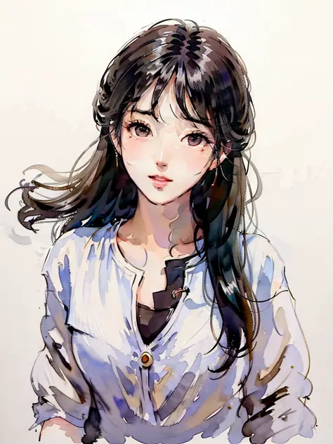 ANIME,WATERCOLOR,CHINESE,PAINTINGS,ARTSTYLE,(white background:1.4), original,(illustration:1.1),(best quality),(masterpiece:1.1), (colorful:0.9),(medium shot:1.4),upper body, clear sharp focus,indoors, looking at viewer,((beautiful)), pretty face,brown hair,black eyes ,INPAINTING ,<lora:Colorwater_v4:0.7>, <lora:Moxin_10:0.3>