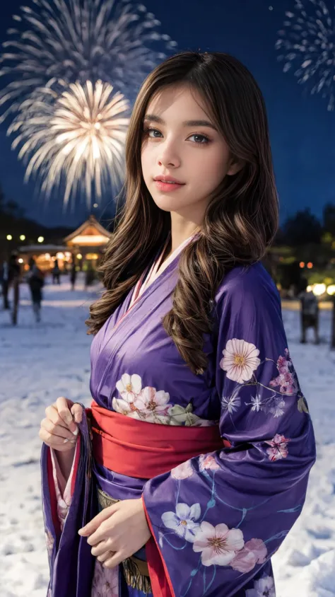 araffe asian woman in kimono dress standing in snow with fireworks in background