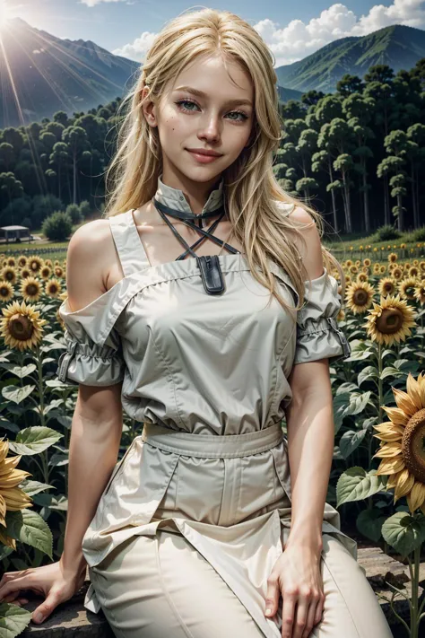 a close up of a woman sitting on a bench in a field of sunflowers