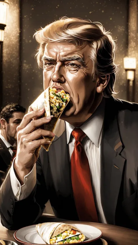 Donald Trump (messily eating a burrito:1.2, holding a (burrito in his mouth:1.3), (head tilted), messy, fast food, salsa, messy ...