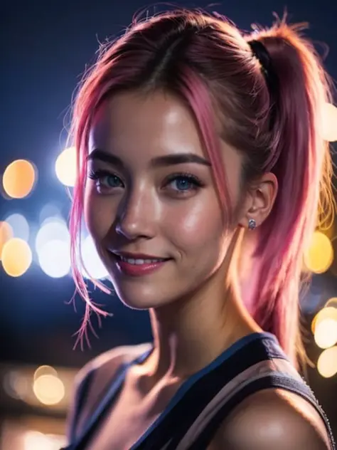 night scene, close up 85mm photo of a beautiful cute girl, posing, look at a camera and smile, pink ponytail hair, (blue eyes:0....
