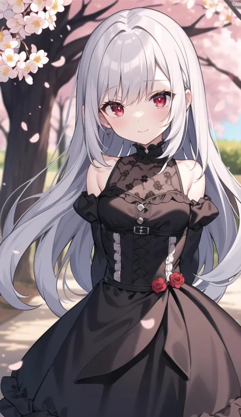 masterpiece, best quality, intricate, long hair, silver hair, red eyes, dress, frills, gothic, arms behind back, 
outdoors, cher...