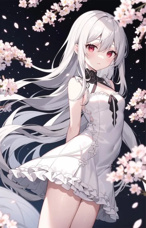 masterpiece, best quality, intricate, long hair, silver hair, red eyes, dress, frills, gothic, arms behind back, 
outdoors, cherry blossoms, depth of field,