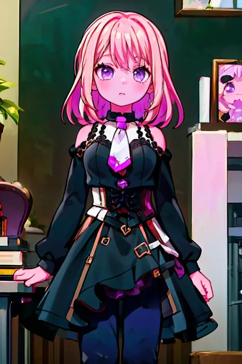 anime girl in a black dress standing in front of a desk