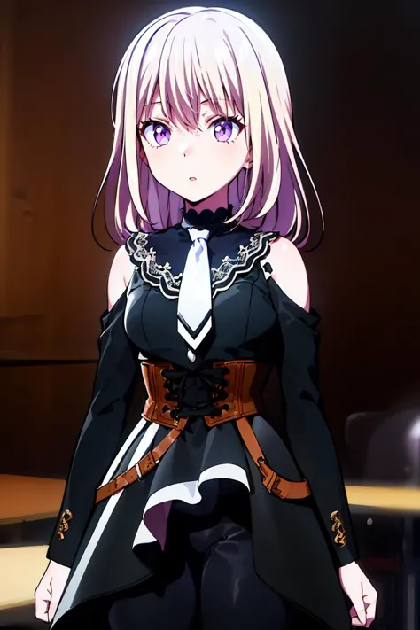 (masterpiece, best quality), 1girl, misumi uika, black dress, sleeveless dress, bare shoulders, bare arms, belt, white belt, white necktie, || misumi uika, doloris, shoulder cutout, black pants, corset, long sleeves, bare shoulders, black dress, puffy long sleeves, black shirt, belt, choker, white ascot,