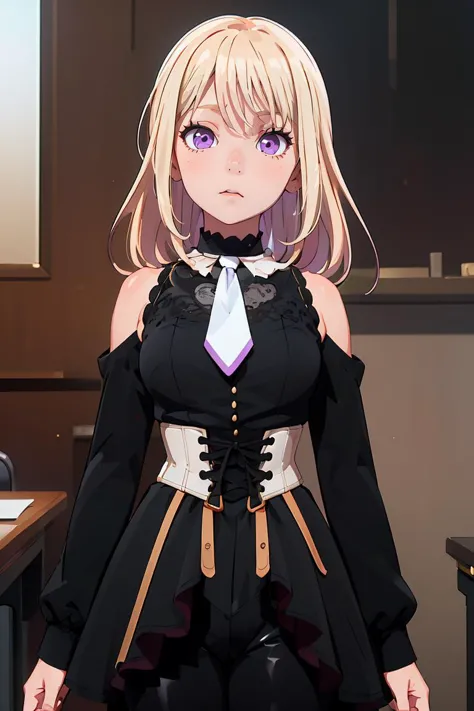 (masterpiece, best quality), 1girl, misumi uika, black dress, sleeveless dress, bare shoulders, bare arms, belt, white belt, white necktie, || misumi uika, doloris, shoulder cutout, black pants, corset, long sleeves, bare shoulders, black dress, puffy long sleeves, black shirt, belt, choker, white ascot,