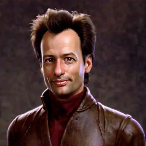 a close up of a man in a leather jacket smiling