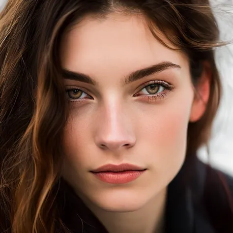 a close up of a woman with long hair and a black jacket