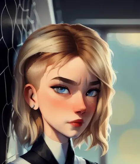 <lora:gwen_stacy_v1.1:0.8>, ((masterpiece)), (cinematic lighting), a close-up, beautiful stylized illustration of gwen_stacy, with a sidecut, asymetrical blonde hair, with incredibly detailed blue eyes and a beautiful detailed face, with parted lips, the s...