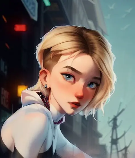 <lora:gwen_stacy_v1.1:0.8>, ((masterpiece)), (cinematic lighting), a close-up, beautiful stylized illustration of gwen_stacy, with a sidecut, asymetrical blonde hair, with incredibly detailed blue eyes and a beautiful detailed face, with parted lips, the side of her head shaved, bare shoulders, casual in the city, looking away, by jeremy mann, by sandra chevrier, by dave mckean and richard avedon and maciej kuciara, high detailed, 8k,  samdoesart style