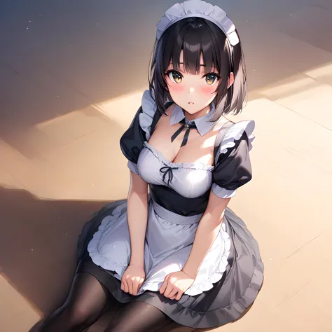 (masterpiece),(best quality),(ultra-detailed),(best illustration),(best shadow),(absurdres),(detailed background),(very aesthetic), megumi katou, 1girl, solo, pantyhose, short sleeves, looking at viewer, breasts, black pantyhose, bangs, sitting, black hair, maid headdress, puffy short sleeves, blush, puffy sleeves, parted lips<lora:XL-MegumiKatouv2:1>