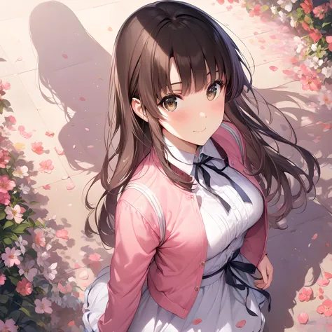 anime girl with long hair and a pink jacket standing in front of flowers