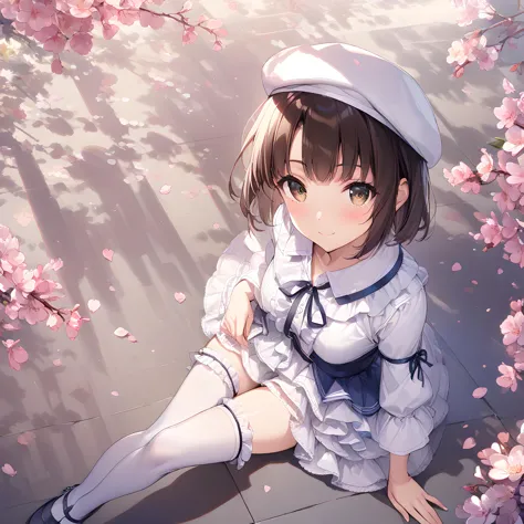 anime girl sitting on the ground with cherry blossoms in the background