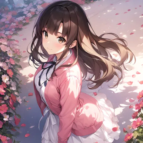 anime girl in a pink dress standing in a garden with flowers