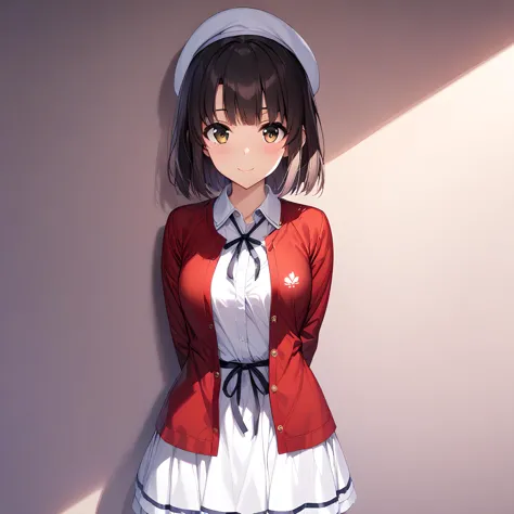 anime girl in red and white dress standing in front of a wall