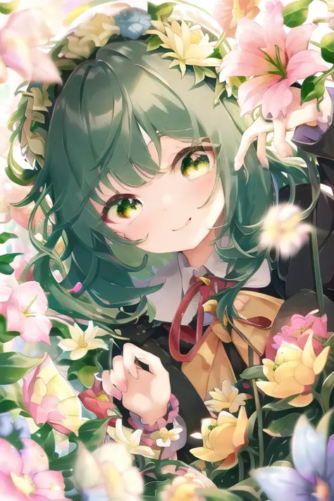 tama5 a girl with pink hair and flowers around her head, 1girl, bangs, blue_flower, bouquet, camellia, daisy, dandelion, field, finger_in_mouth, fingernails, floral_background, flower, flower_\(symbol\), flower_field, flower_wreath, green_eyes, green_flower, grey_hair, hibiscus, hydrangea, leaf, lily_\(flower\), lily_of_the_valley, lily_pad, looking_at_viewer, lotus, morning_glory, orange_flower, pink_flower, purple_flower, rainbow, red_flower, smile, snail, solo, spider_lily, symbol-shaped_pupils, tulip, vase, white_flower, yellow_flower, solo, dynamic shot, <hypernet:myhands_22k:0.75> <lora:tama5:1>