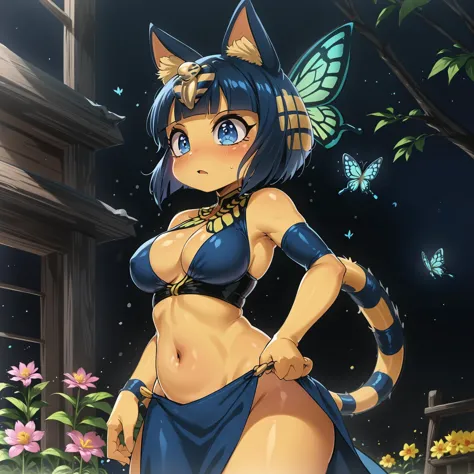 (masterpiece, best quality:1.1), ankha, 1girl, solo, surprised, blush, breasts, tail, dark blue eyes, sarashi, midriff, pelvic curtain, see-through, outdoors, butterfly garden, flowers, nature, insect, wings, caterpillars, fluttering, milkweed, monarchs