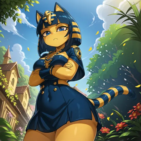 (masterpiece, best quality:1.1), ankha, 1girl, solo, (from below, looking down:1.1), crossed arms, breasts, tail, dark blue eyes, police uniform, outdoors, botanical maze, hedges, paths, nature, grass, plant, petals, leaf, playful, whimsical, adventurous, ...