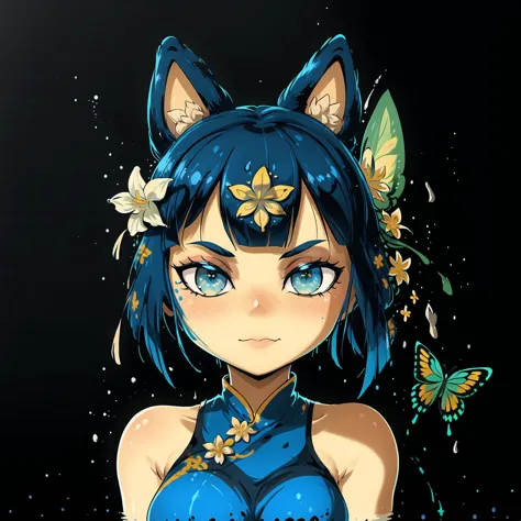 (masterpiece, best quality:1.2), ankha, 1girl, solo, crossed arms, breasts, tail, dark blue eyes, china dress, floral print, sid...