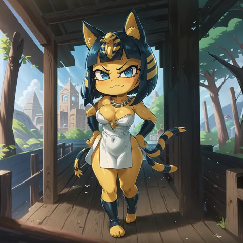 (masterpiece, best quality:1.1), ankha, 1girl, solo, annoyed, smug, hand on hip, hand up, breasts, tail, dark blue eyes, white dress, egyptian, outdoors, nature reserve, protected habitat, trails, birds, wildlife, flora, fauna, interpretive center, boardwa...