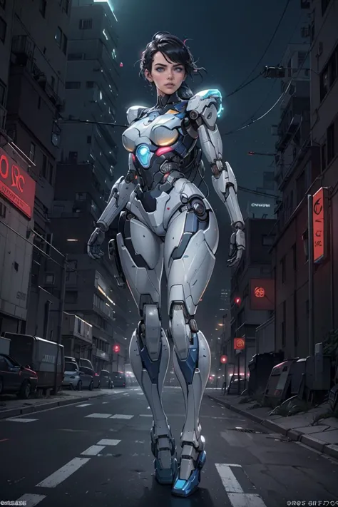 a woman in a futuristic suit walking down a street at night